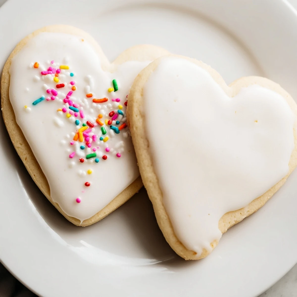 Close-up view of Heart Shaped Sugar Cookies with Royal Icing, showing glossy smooth icing edges and tender crumb textures.