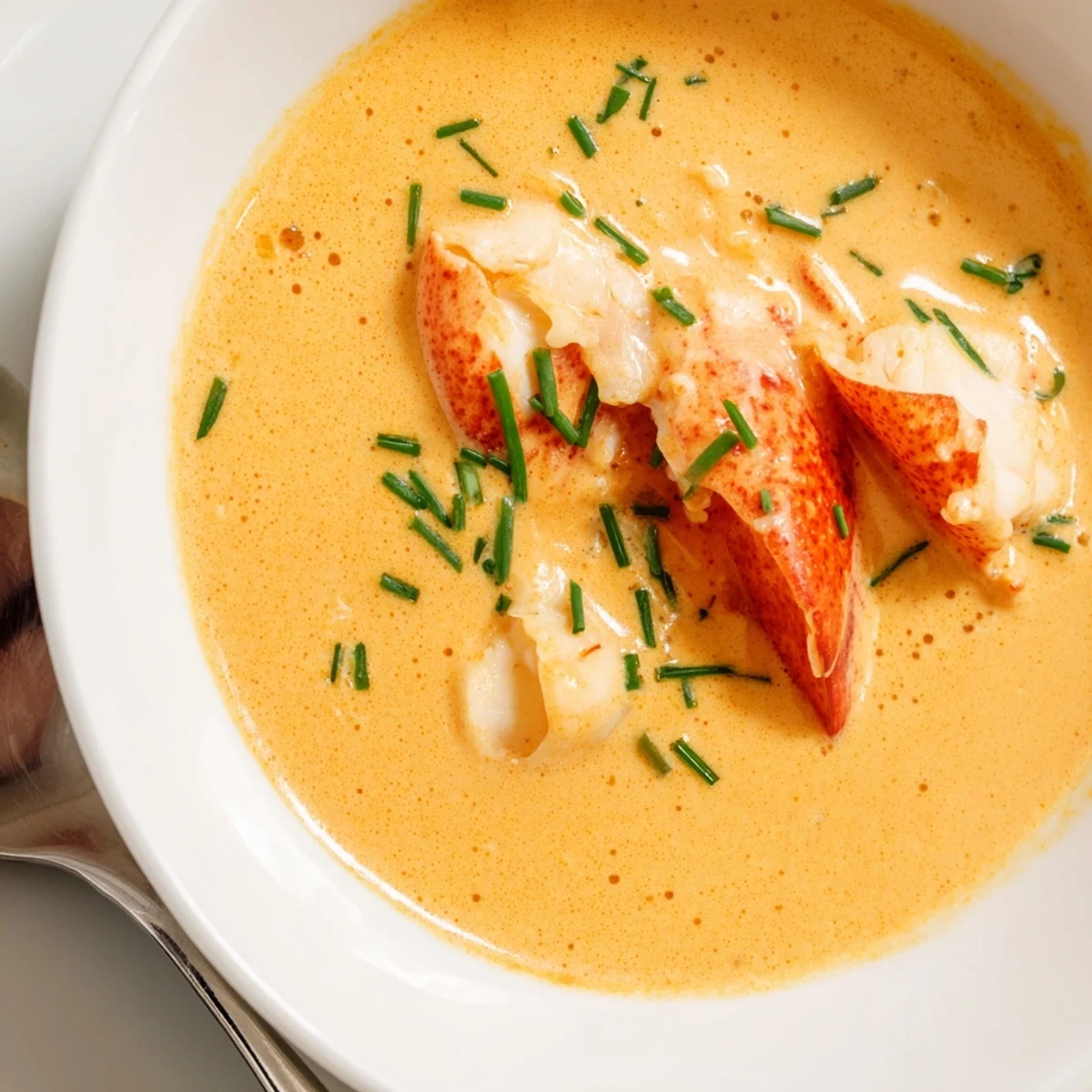 Creamy Lobster Bisque with Sherry Vinegar Substitute is served steaming in a white bowl, garnished with fresh chives and tender lobster chunks.