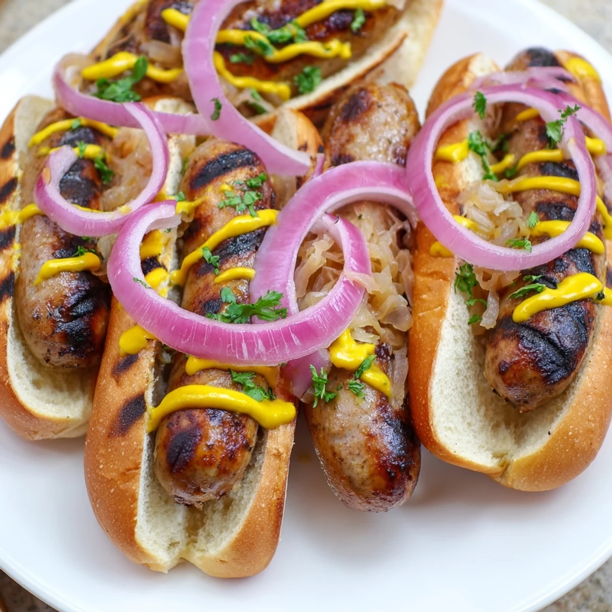 Golden brown grilled beef bratwursts piled on a platter with sauerkraut and toasted buns, perfect for a summer BBQ or weeknight dinner.