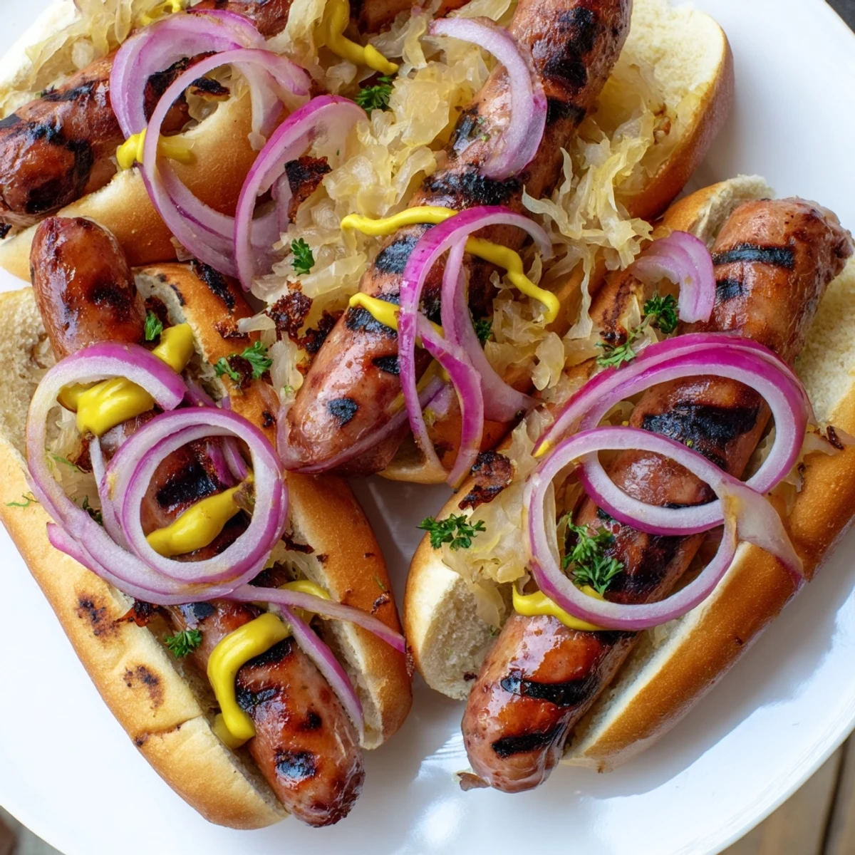 A close-up of juicy grilled beef brats topped with sauerkraut and mustard on toasted buns, served alongside crispy fries for a hearty meal.