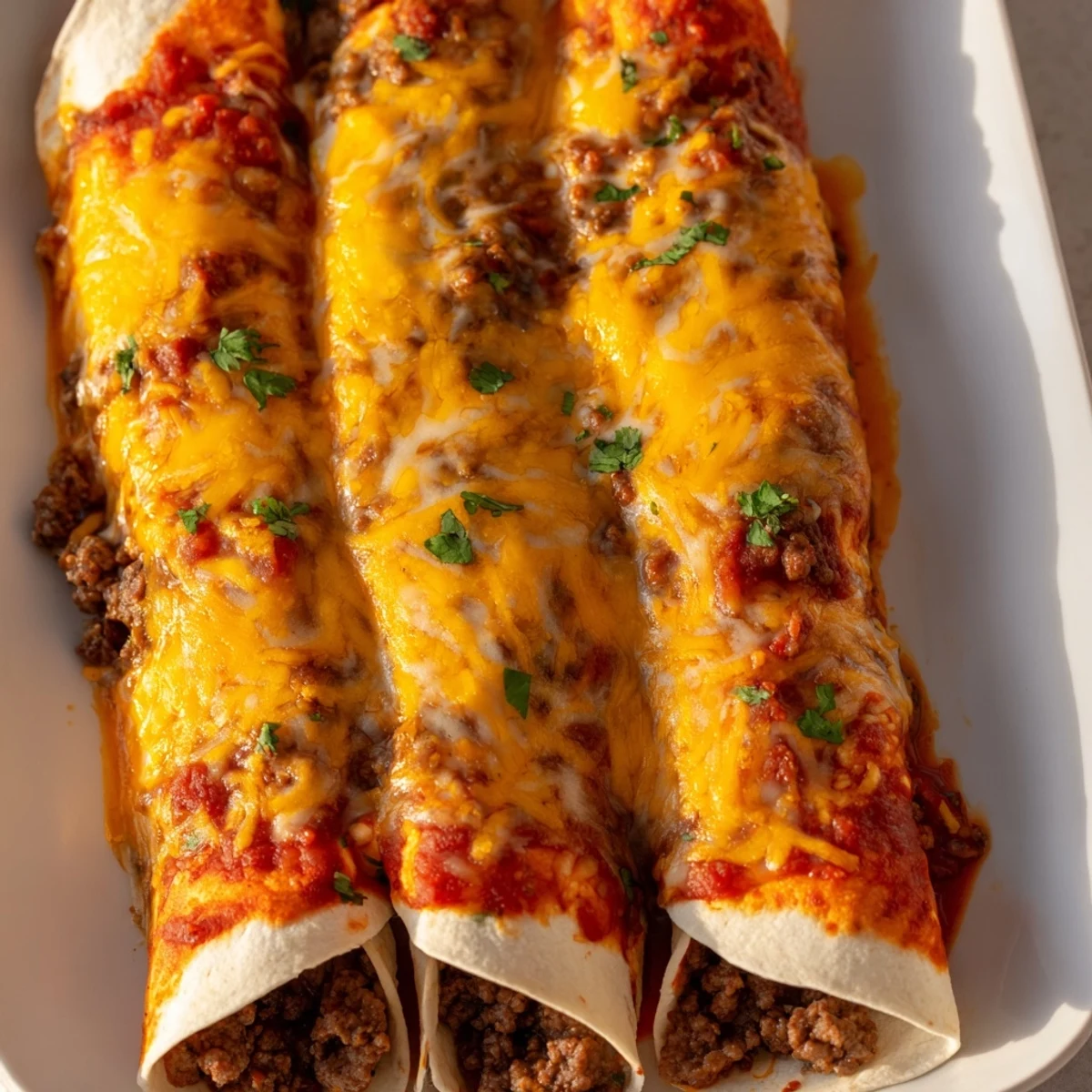 Golden-brown Beef Enchiladas with Red Sauce and Cheese bubbling in a casserole dish, garnished with fresh cilantro and ready to serve.