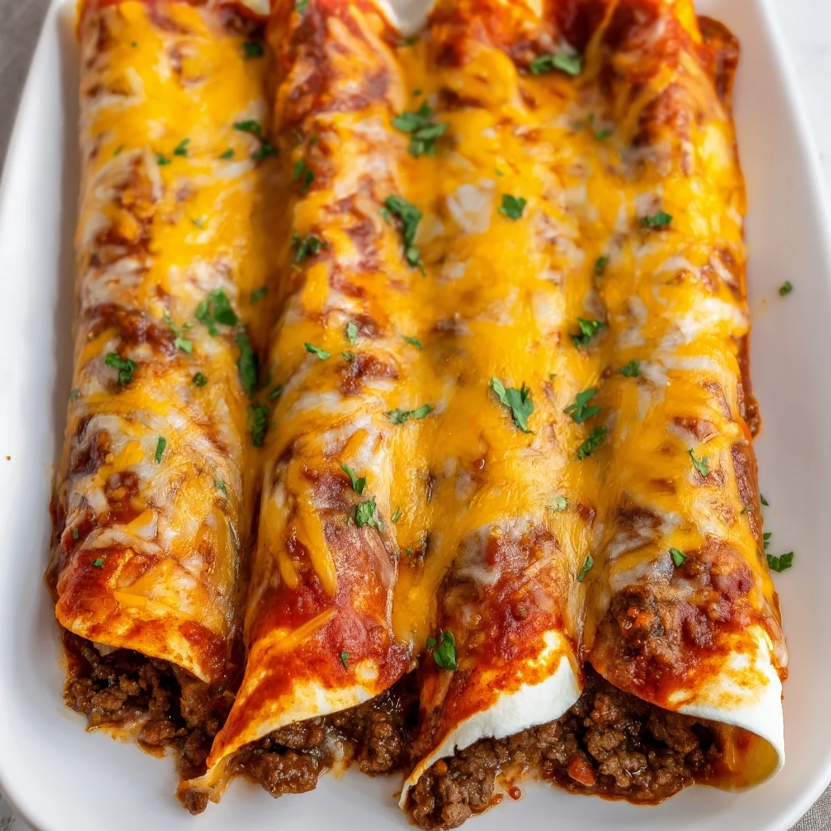 Hearty ground beef filling rolled in warm tortillas, smothered with homemade red enchilada sauce and topped with melted cheddar cheese.