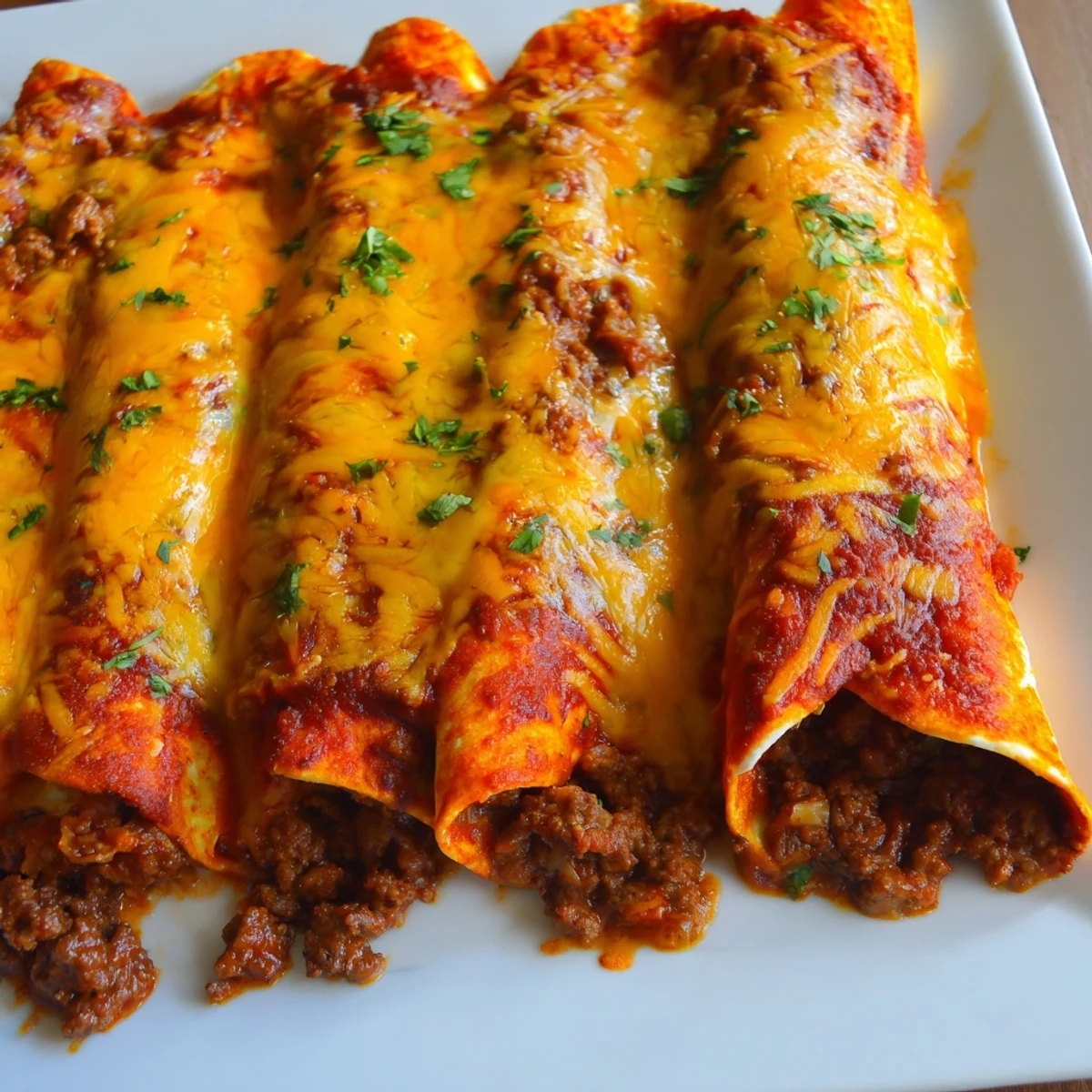 Classic Mexican-inspired Beef Enchiladas with Red Sauce and Cheese on a dinner plate, accompanied by sour cream and a side of rice.