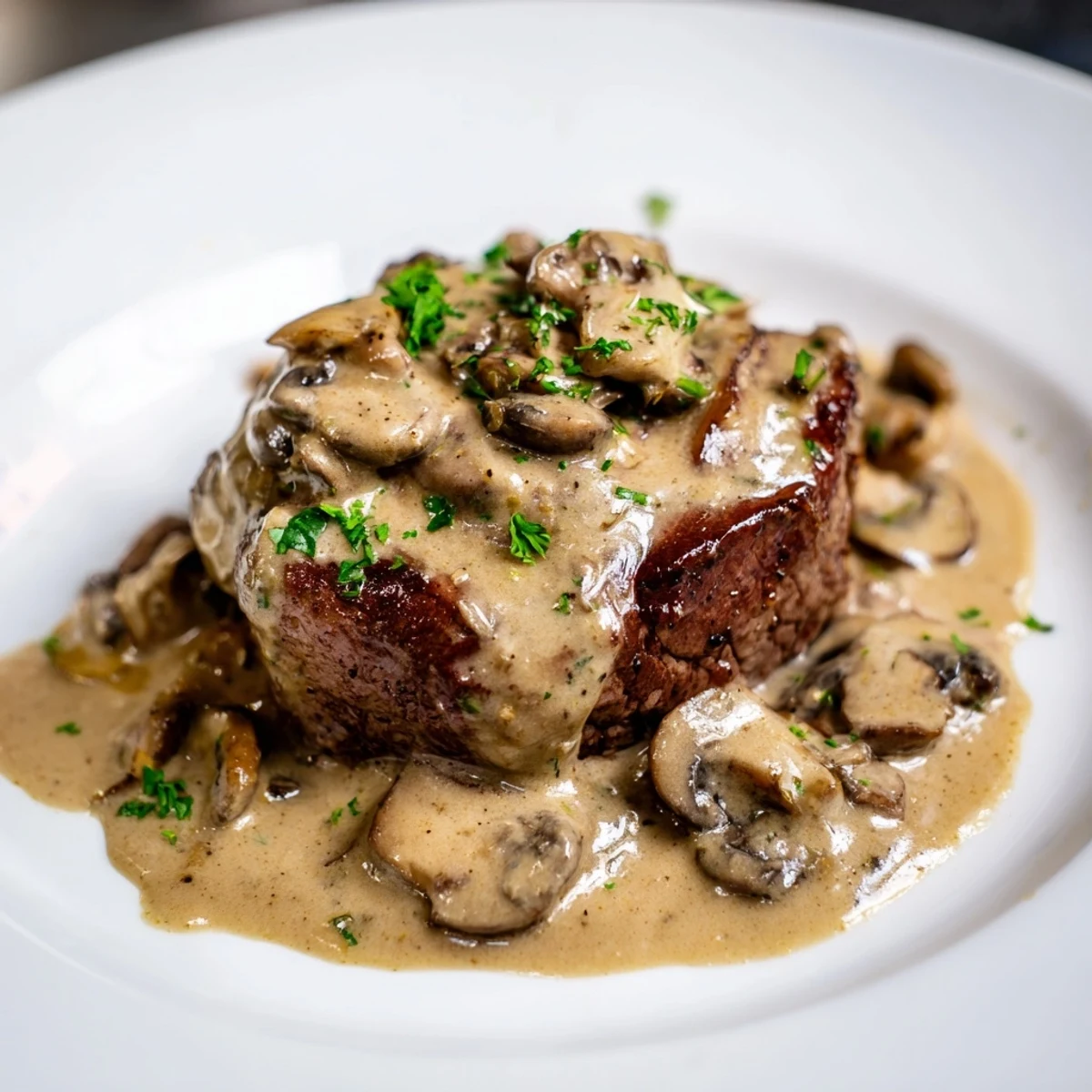 Sizzling seared beef tenderloin steaks drizzled with a rich brandy-infused mushroom cream sauce, garnished with fresh parsley, served with roasted potatoes.