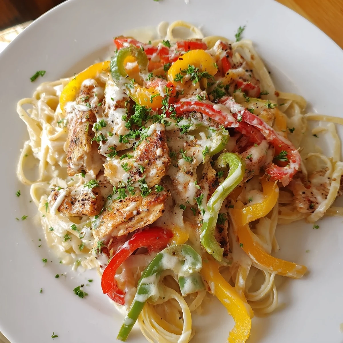 A steaming plate of Cajun Chicken Alfredo with Bell Peppers features fettuccine coated in creamy sauce, topped with juicy chicken and colorful peppers.