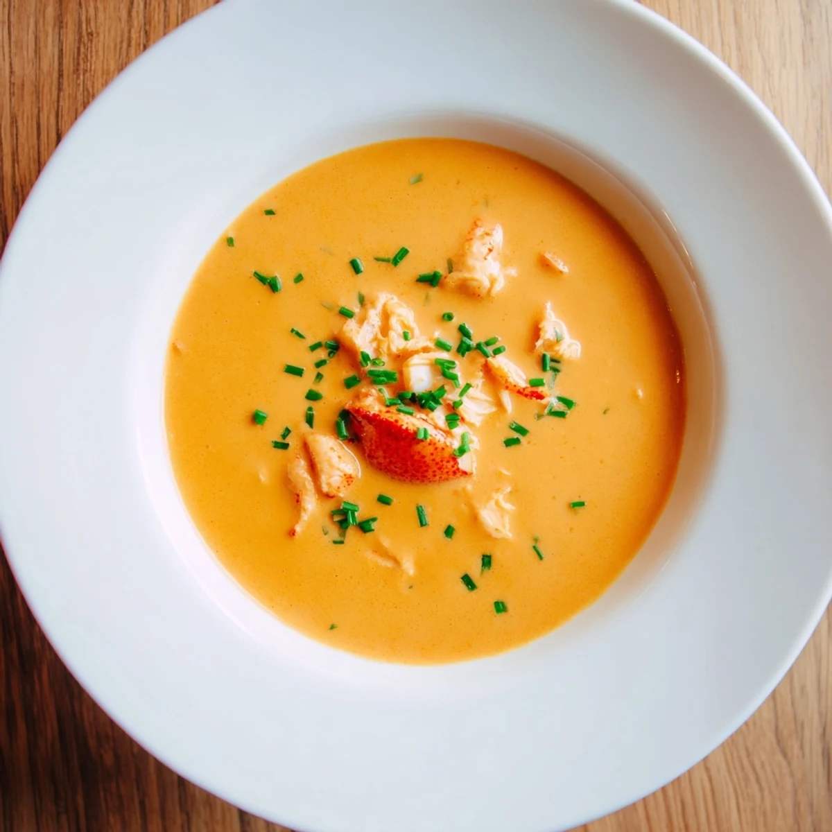 Creamy Lobster Bisque with Sherry Vinegar Substitute served steaming hot in a white bowl, garnished with fresh chives and a drizzle of cream.