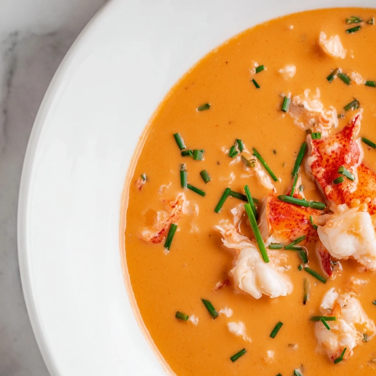 A spoon lifting a rich spoonful of Creamy Lobster Bisque with Sherry Vinegar Substitute, showing velvety texture beside a toasted baguette slice.