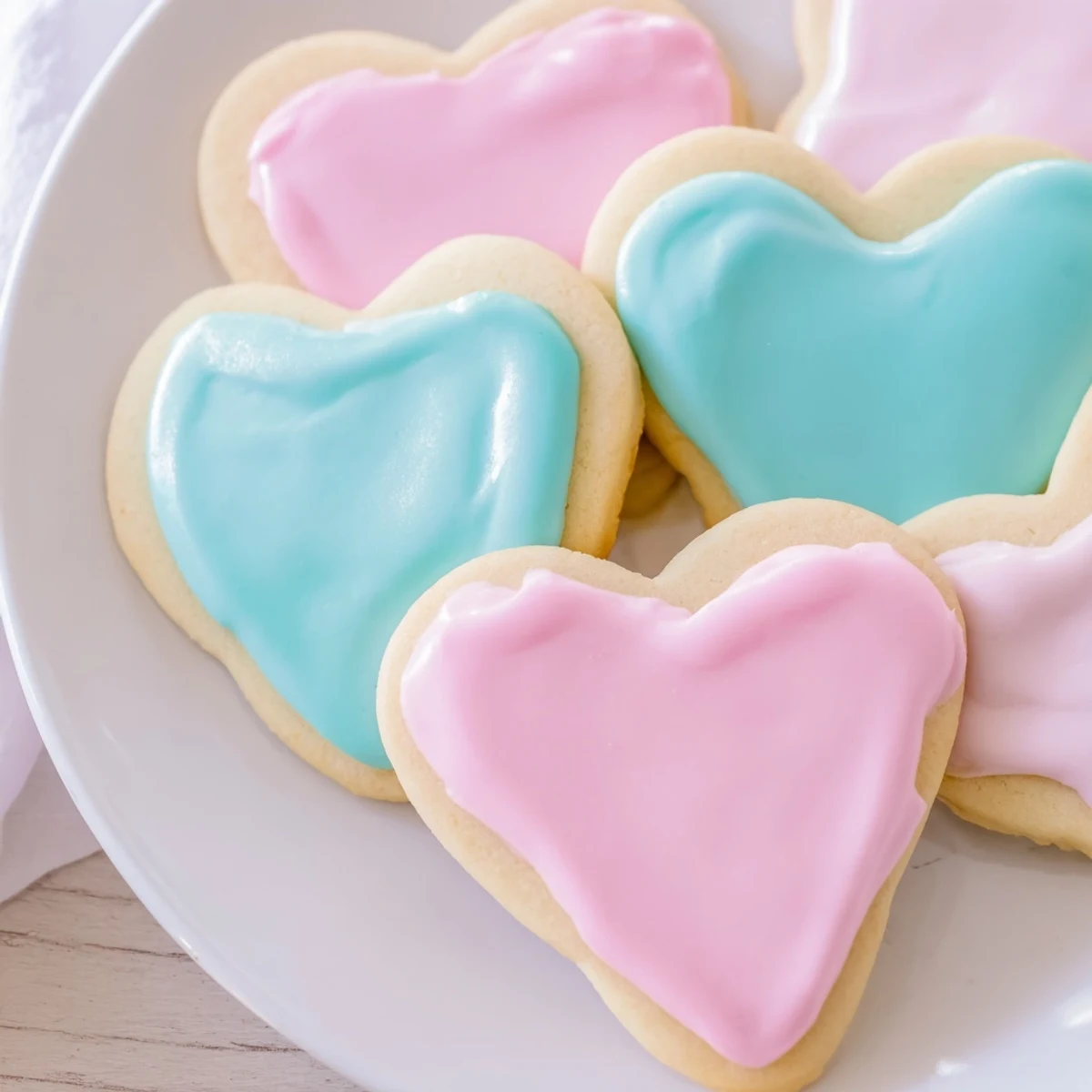 Freshly baked heart shaped sugar cookies with royal icing rest on a wire cooling rack, showing crisp edges.