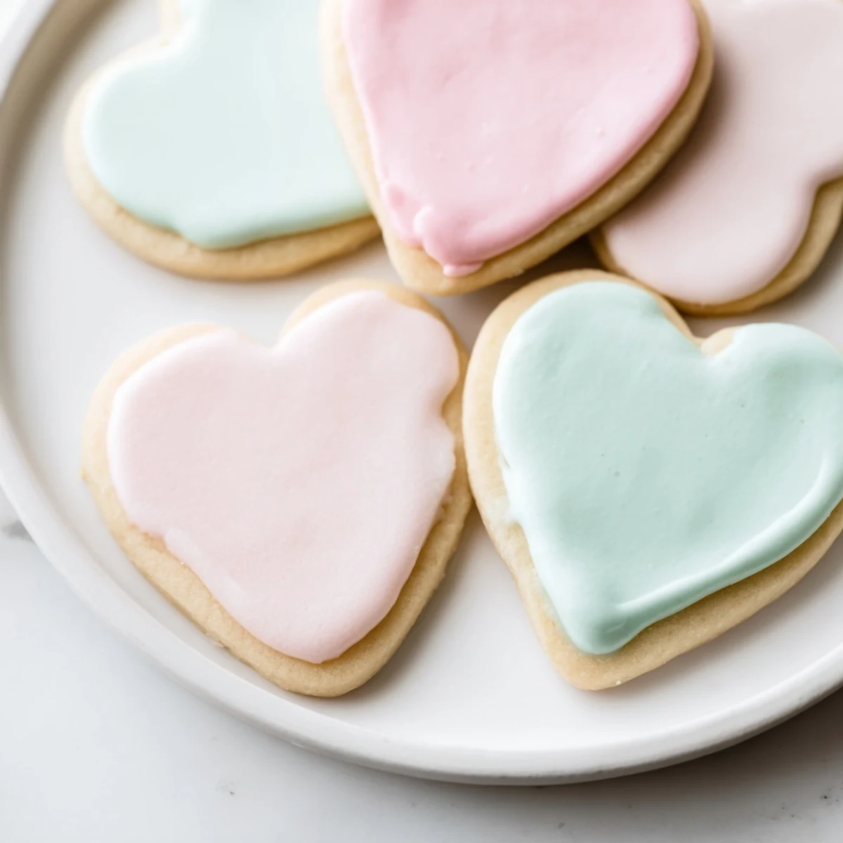 A close-up displays heart shaped sugar cookies with royal icing finished with elegant red piping swirls.