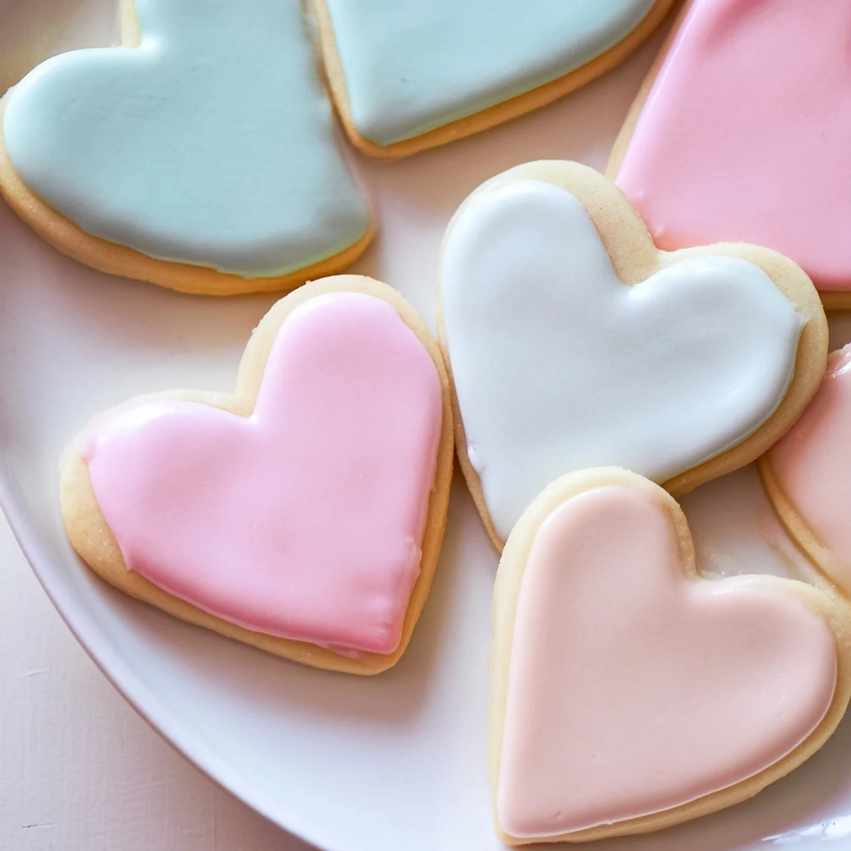 Cooled heart shaped sugar cookies with royal icing arranged on a marble board with Valentine's sprinkles.