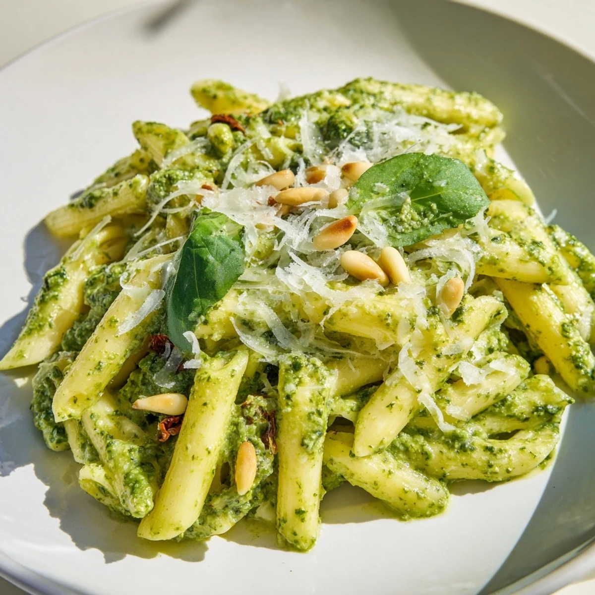 Green Pesto Pasta with Sun-Dried Tomatoes tossed in a fresh basil sauce, garnished with toasted pine nuts and extra Parmesan cheese. Perfect for a quick dinner.