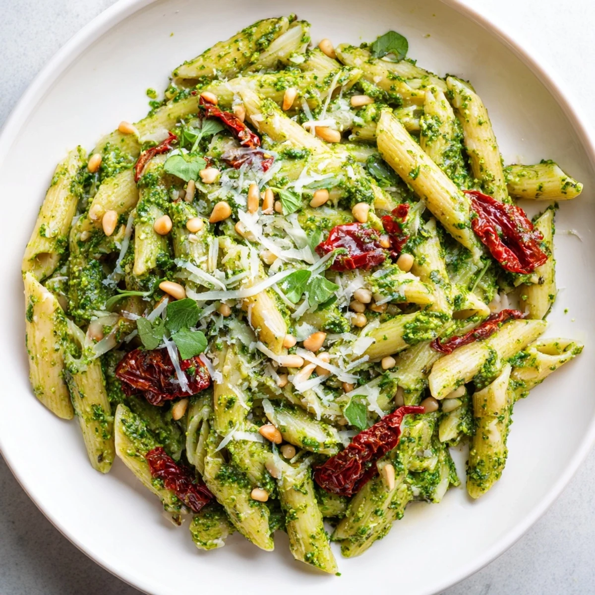 Creamy Green Pesto Pasta with Sun-Dried Tomatoes served in a white bowl, featuring vibrant basil pesto coating penne noodles and rich, tangy tomato strips.
