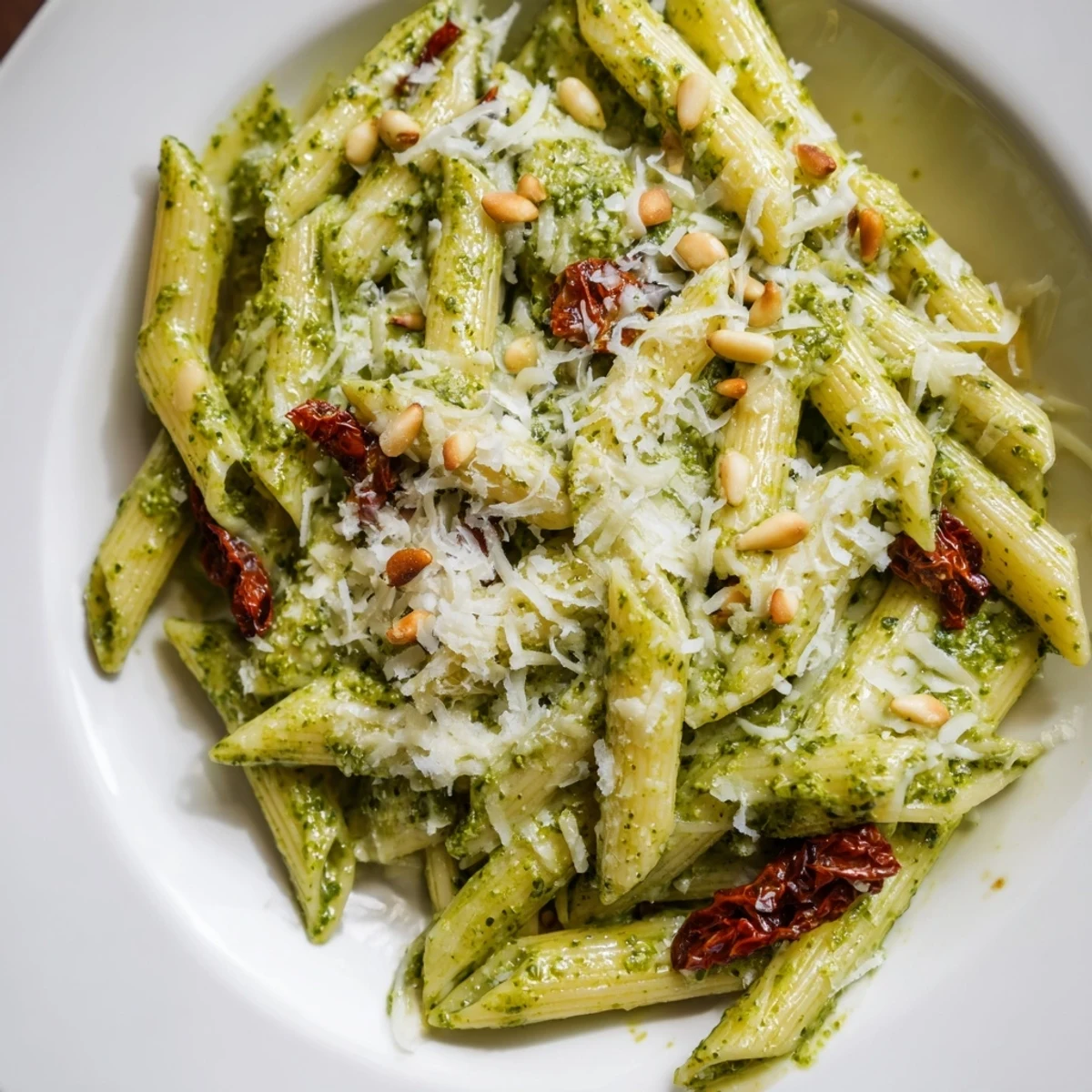 A close-up of Green Pesto Pasta with Sun-Dried Tomatoes, highlighting the glossy olive oil-based pesto, fresh basil, and savory Parmesan for an Italian-inspired meal.