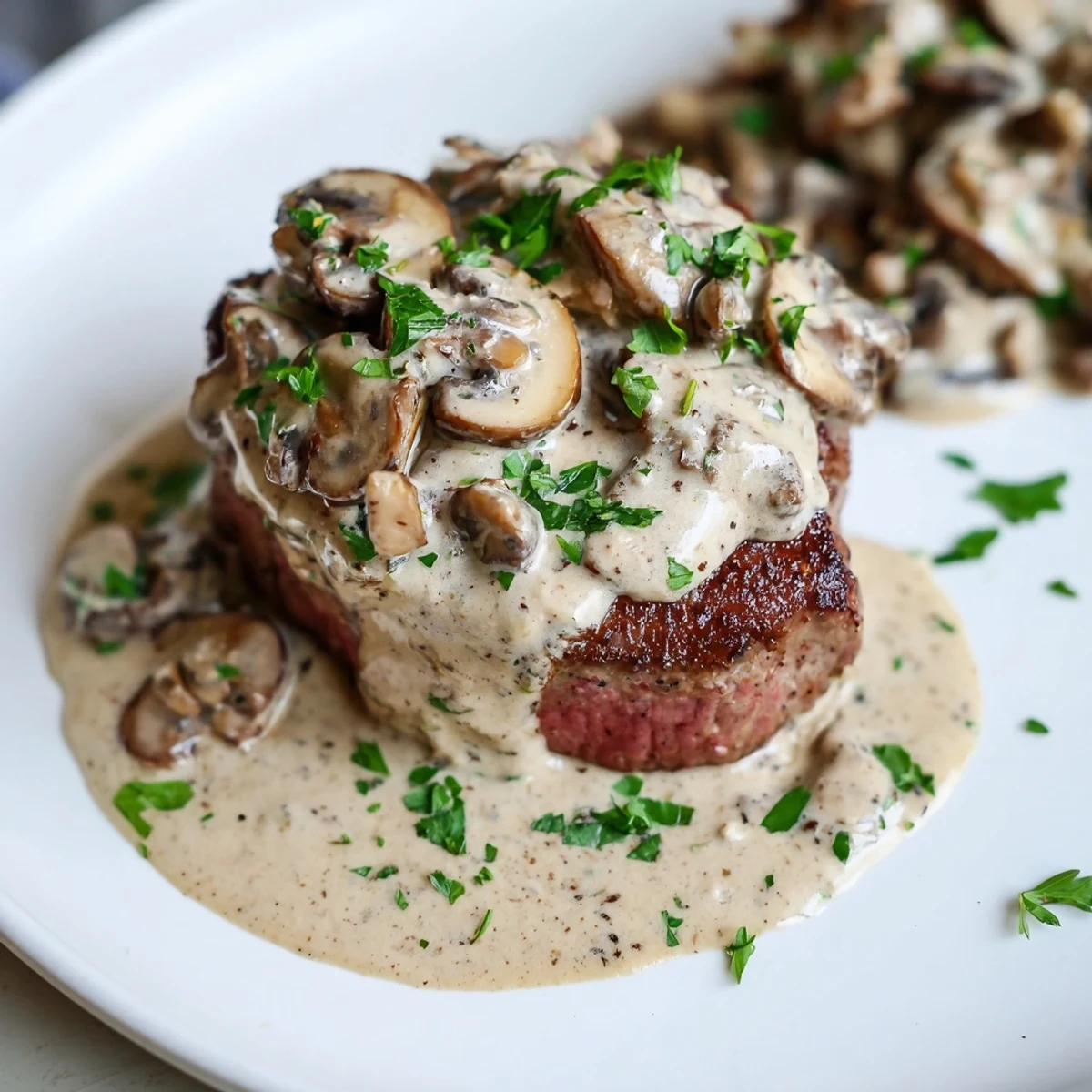 Four pan-seared tenderloin steaks rest under a rich, creamy mushroom brandy sauce for a classic Steak Diane.