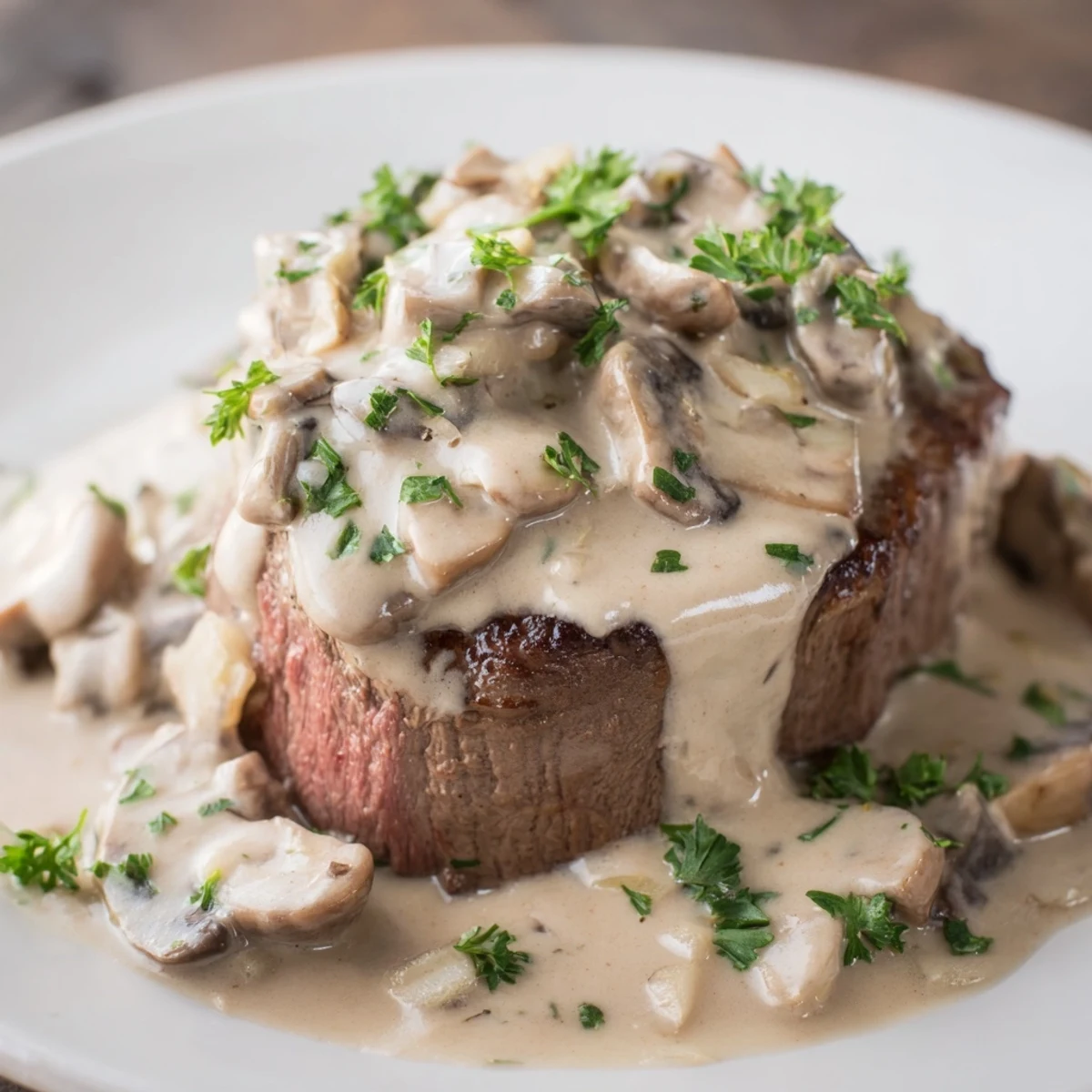Close-up of juicy Steak Diane topped with silky sauce, ready to serve as a hearty dinner.