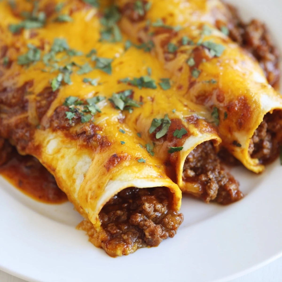 Ground beef filling and homemade red sauce peek from soft tortillas in a glass baking dish.