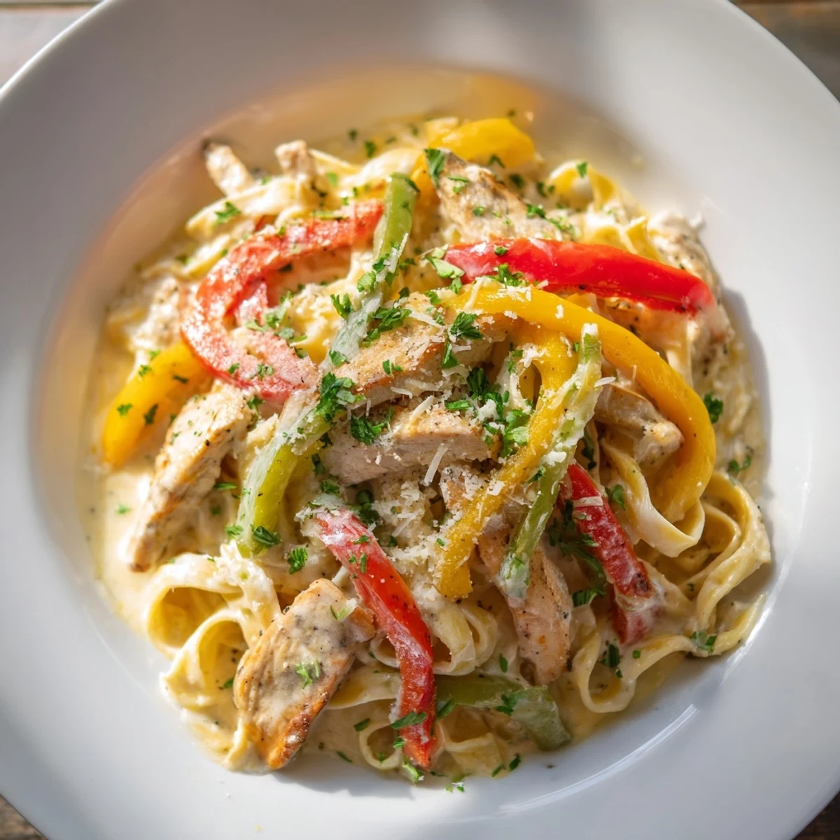 Creamy Cajun Chicken Alfredo with Bell Peppers is served over fettuccine and garnished with fresh parsley.