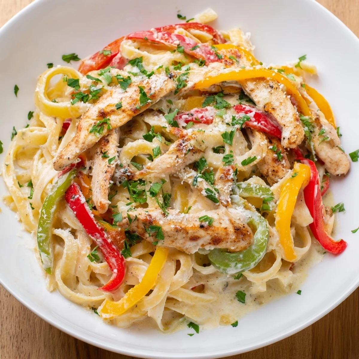 A skillet of Cajun Chicken Alfredo with Bell Peppers and fettuccine, perfect for a comforting weeknight dinner.