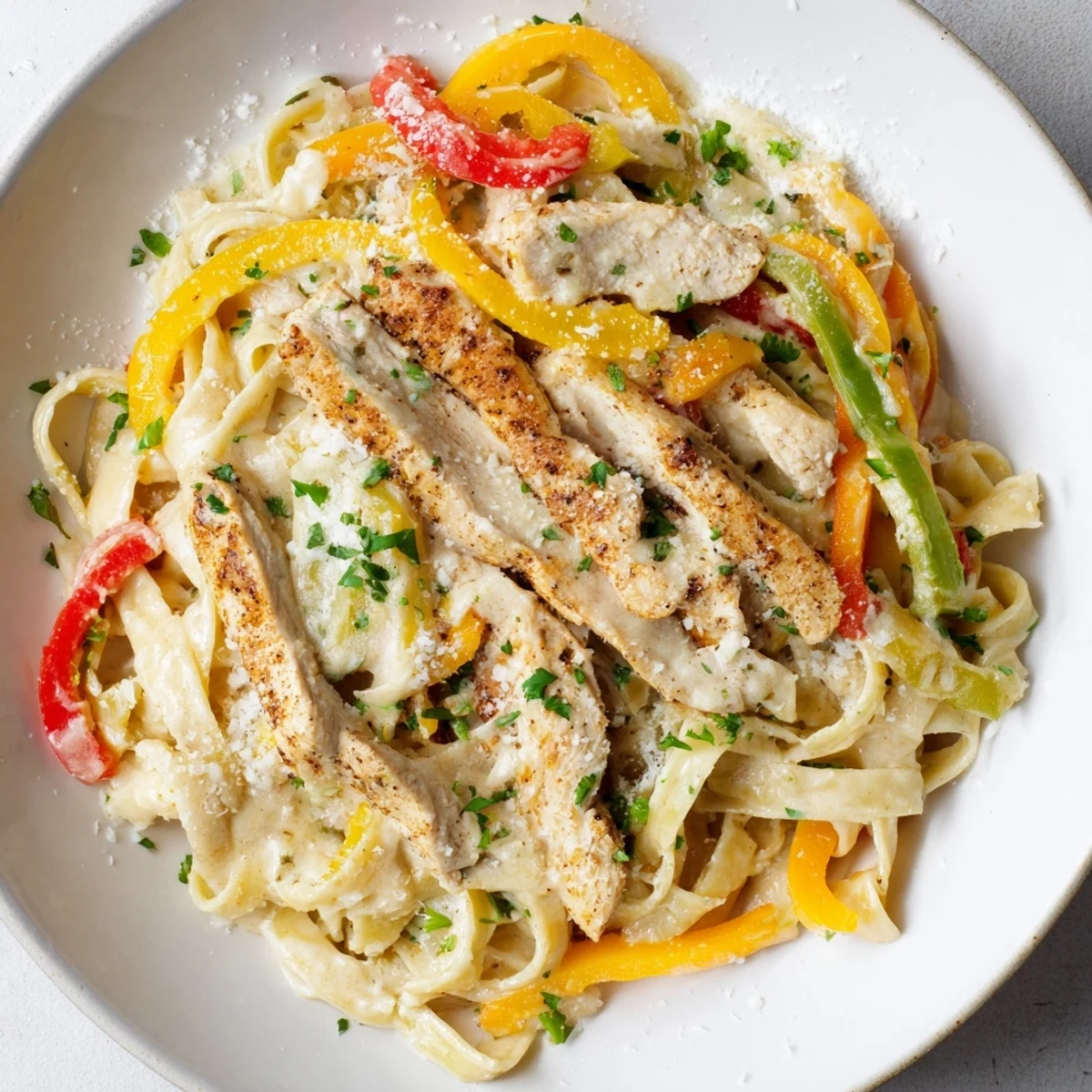 Cajun Chicken Alfredo with Bell Peppers features blackened chicken strips and colorful peppers tossed in rich sauce.
