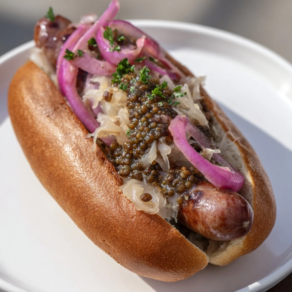 Golden Grilled Beef Brats with Sauerkraut and Mustard topped with tangy sauerkraut and grainy mustard, garnished with fresh parsley. 