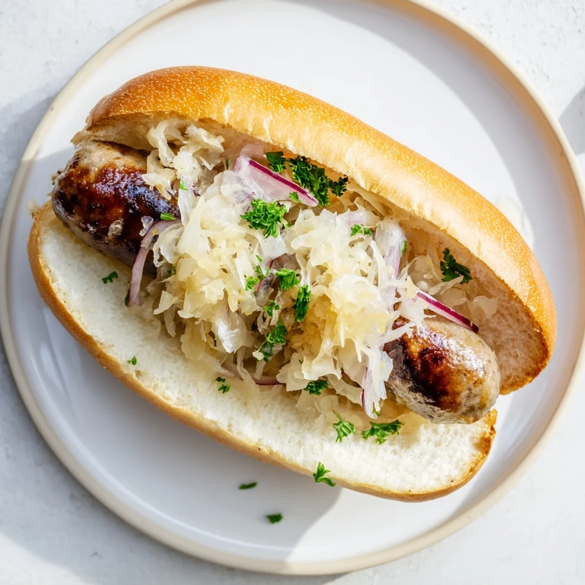 Four juicy Grilled Beef Brats with Sauerkraut and Mustard rest in toasted buns, ready for a German-American feast. 