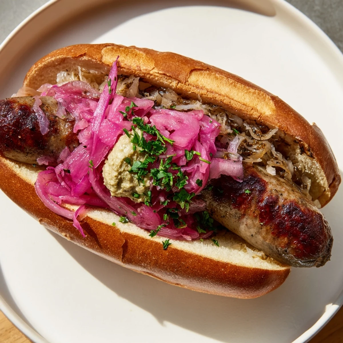 Sizzling Grilled Beef Brats with Sauerkraut and Mustard served hot with crunchy onions and a side of robust mustard.