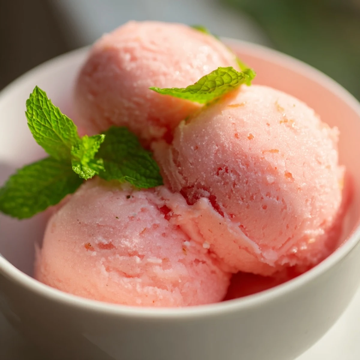 Bright pink lemonade sorbet scoops in a chilled bowl, garnished with fresh mint leaves and lemon zest.