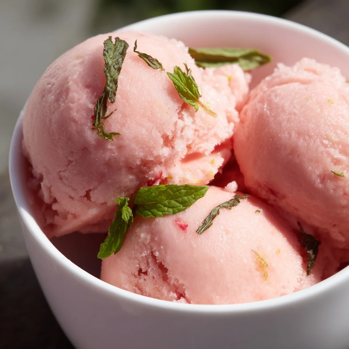 A scoop of Pink Lemonade Sorbet with Fresh Mint Leaves in a glass bowl, garnished with fresh mint.