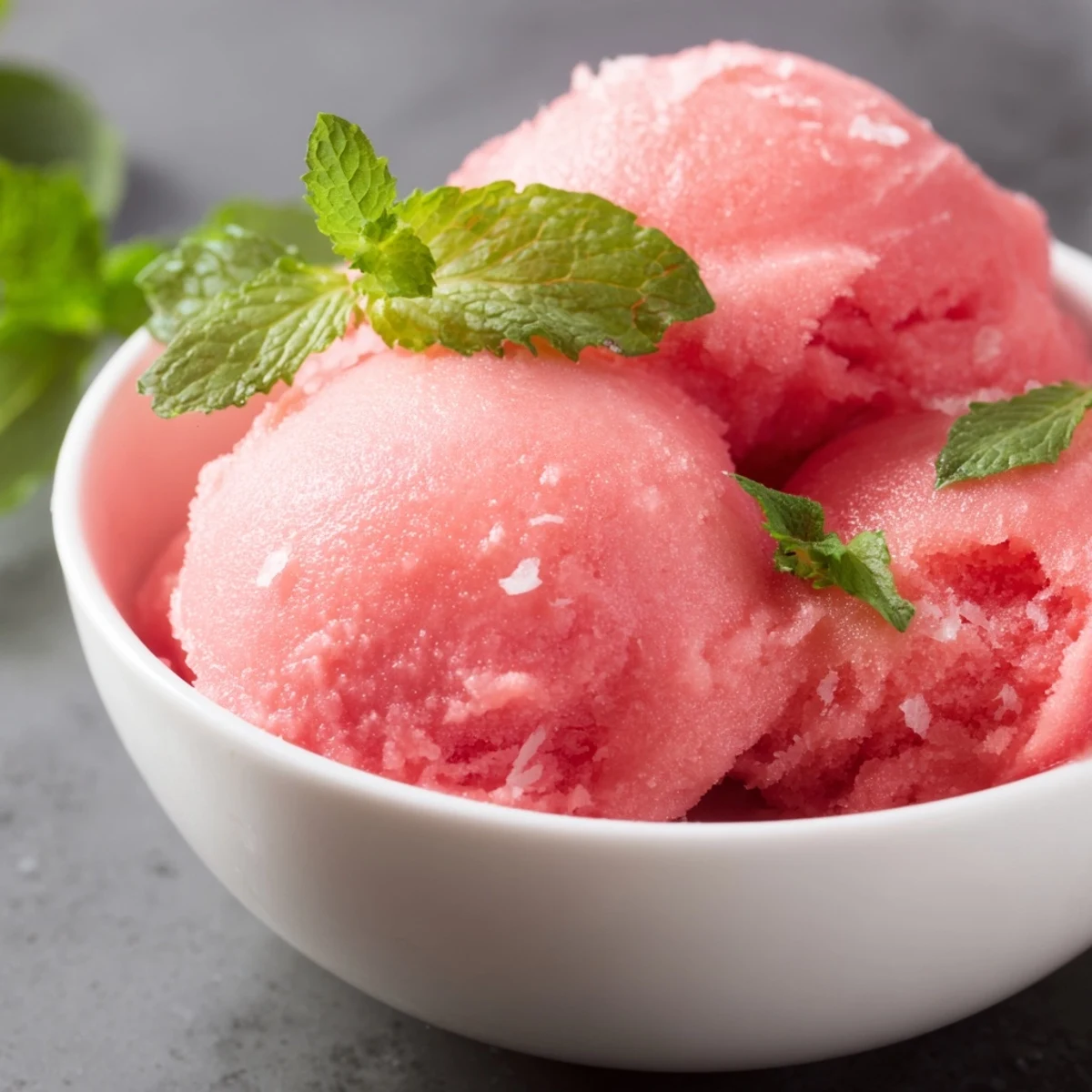 Chilled scoops of Pink Lemonade Sorbet with Fresh Mint Leaves, served in a frosty bowl with zest.