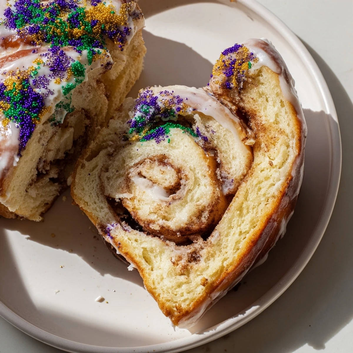 Festive Mardi Gras King Cake on a wooden board, topped with colorful sanding sugar and a sweet vanilla icing glaze.