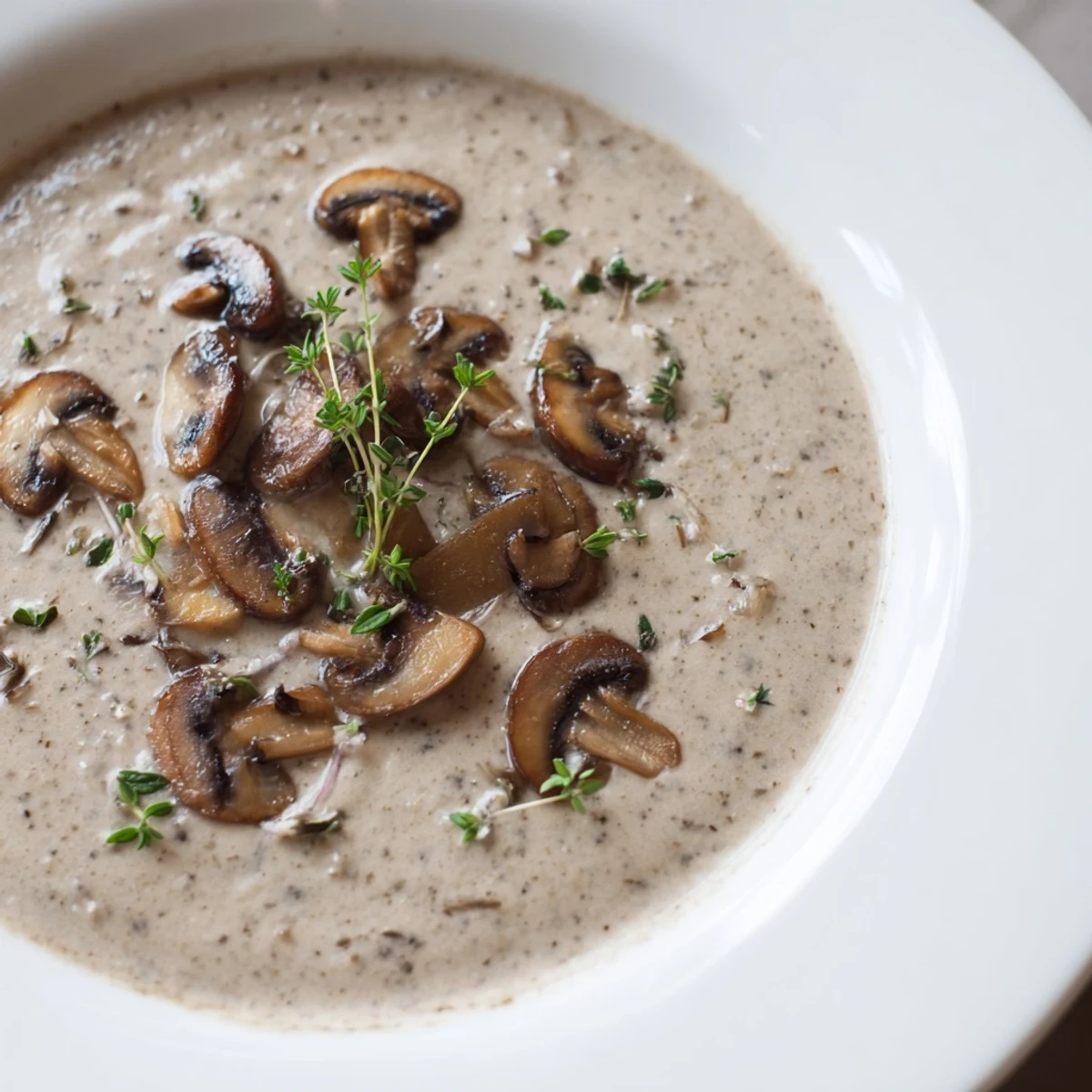 Velvety Creamy Mushroom Soup with Thyme in a rustic bowl, steam rising and parsley garnish visible.