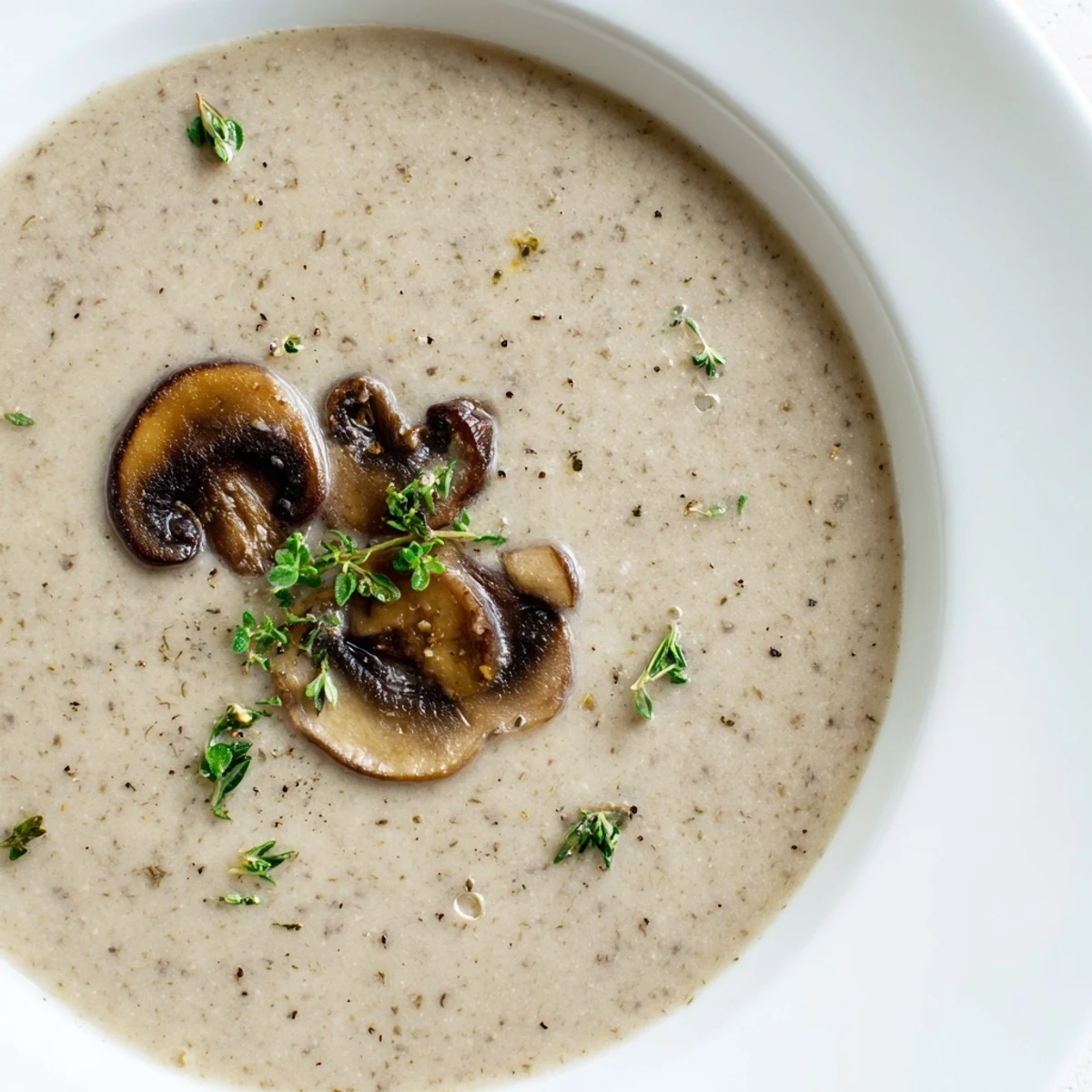 Close-up of Creamy Mushroom Soup with Thyme and crusty bread, creamy texture glowing with thyme garnish.