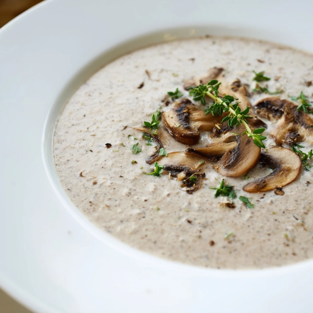Warm Creamy Mushroom Soup with Thyme ladled into a bowl, fresh thyme sprigs and buttery croutons nearby.