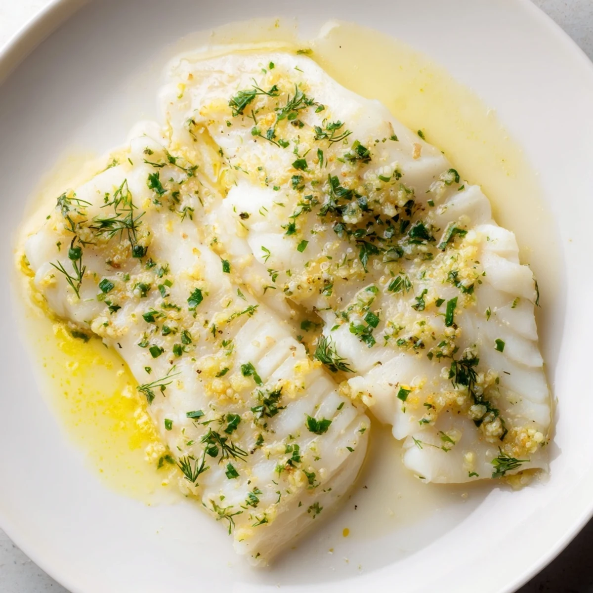 Baked Cod with Garlic Butter and Herbs arranged neatly in a white baking dish, with glossy garlic butter bubbling and fresh green herbs scattered on top.