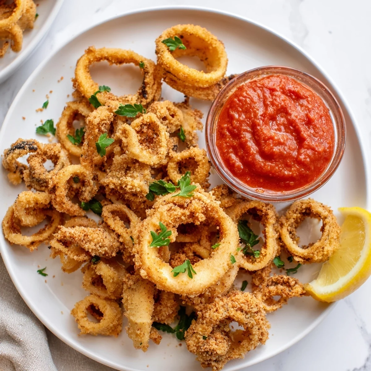 A close-up of Crispy Calamari with Marinara Dipping Sauce showing tender squid and a sprinkle of fresh parsley garnish.