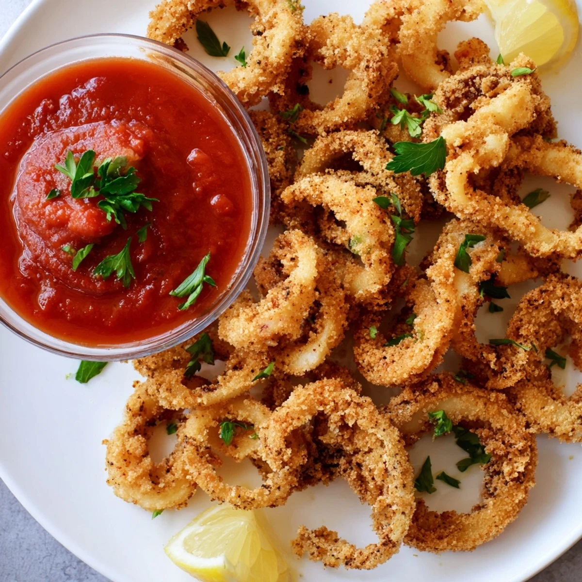Crispy Calamari with Marinara Dipping Sauce stacked high with golden-brown fried rings and a small red bowl of sauce.