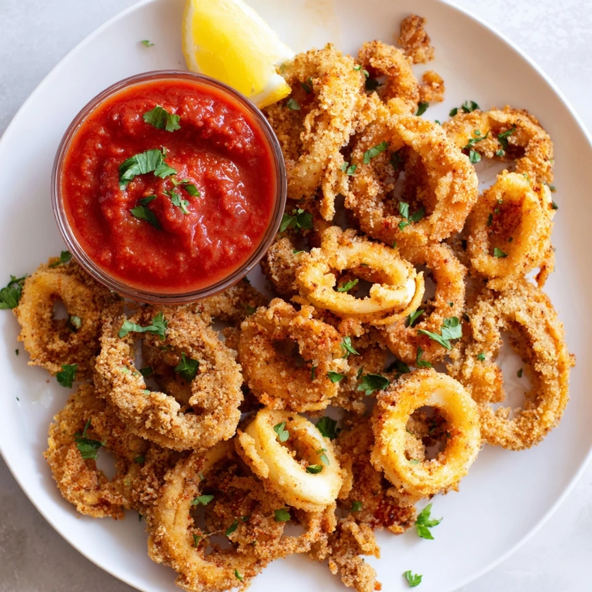 Serving platter of Crispy Calamari with Marinara Dipping Sauce with bright lemon wedges for a fresh seafood appetizer.