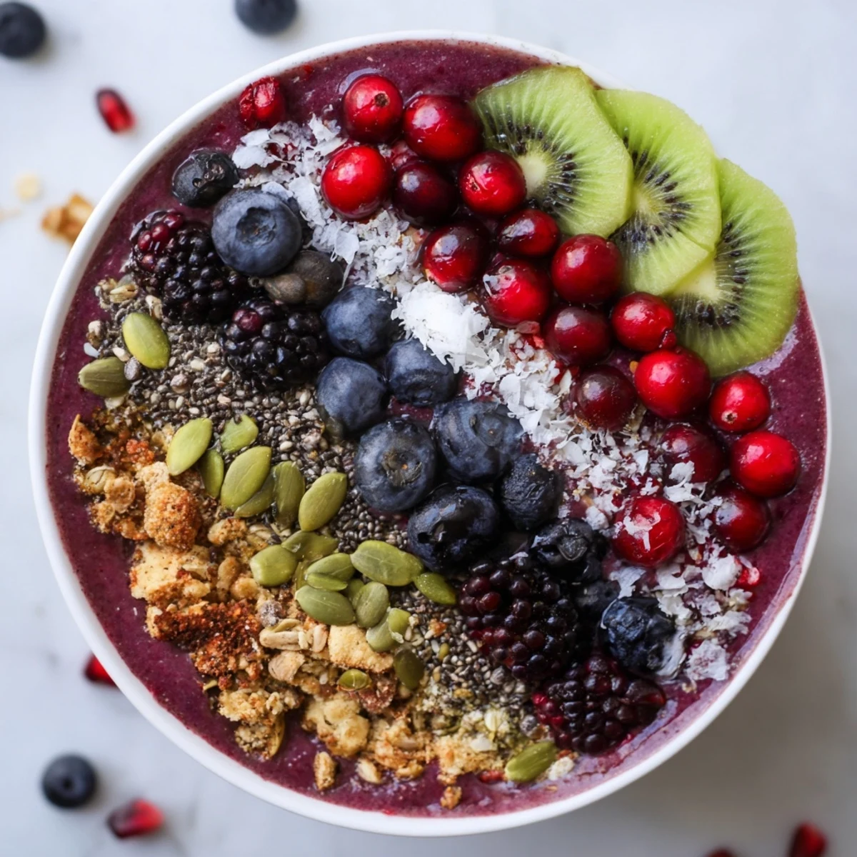 Colorful Winter Berry Smoothie Bowl with Seeds garnished with kiwi slices and pomegranate arils for a refreshing breakfast.