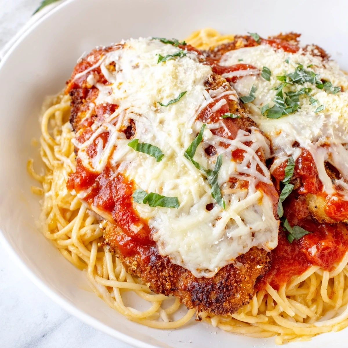 Golden crispy chicken parmesan rests on a bed of spaghetti marinara, topped with melted mozzarella and fresh basil.