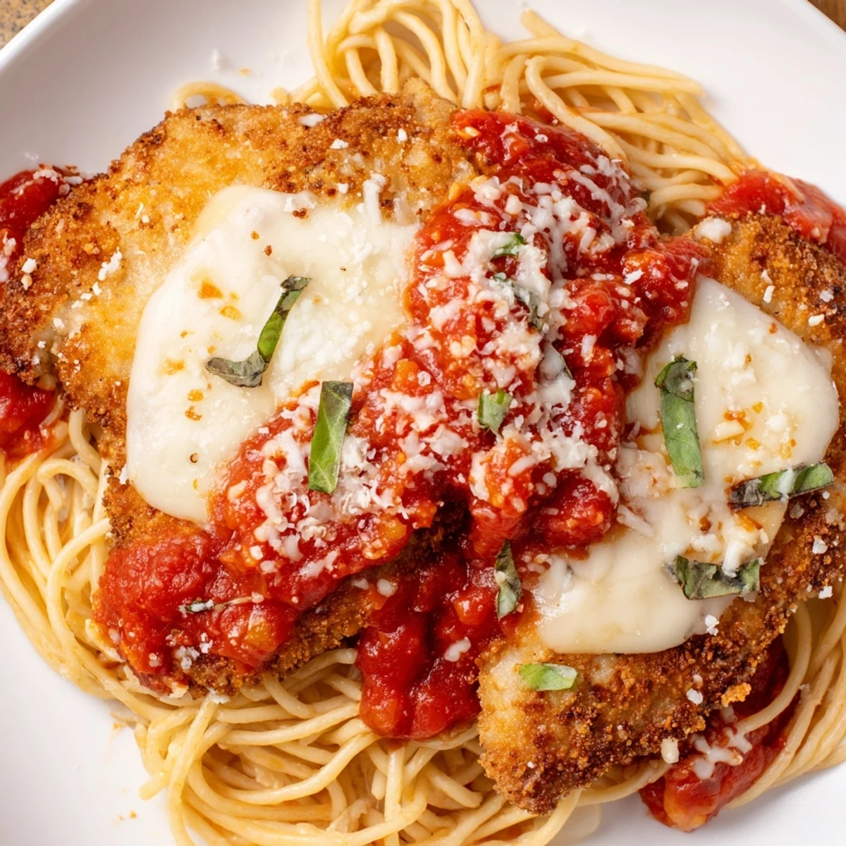 A hearty serving of Chicken Parmesan over spaghetti marinara, featuring golden breaded chicken and rich red sauce.