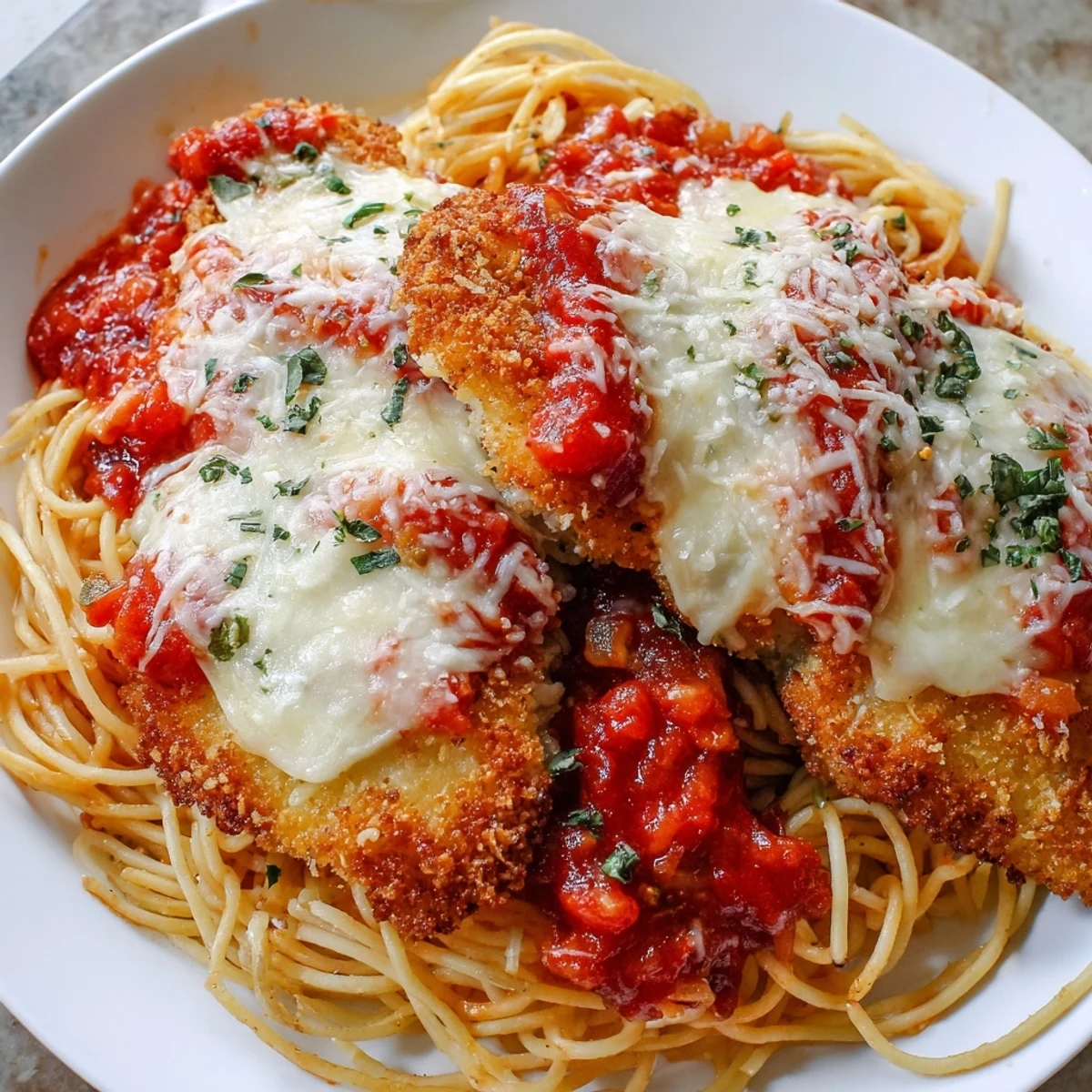 Close-up of Chicken Parmesan with melted cheese, served over spaghetti marinara, garnished with fresh parsley on a rustic plate.