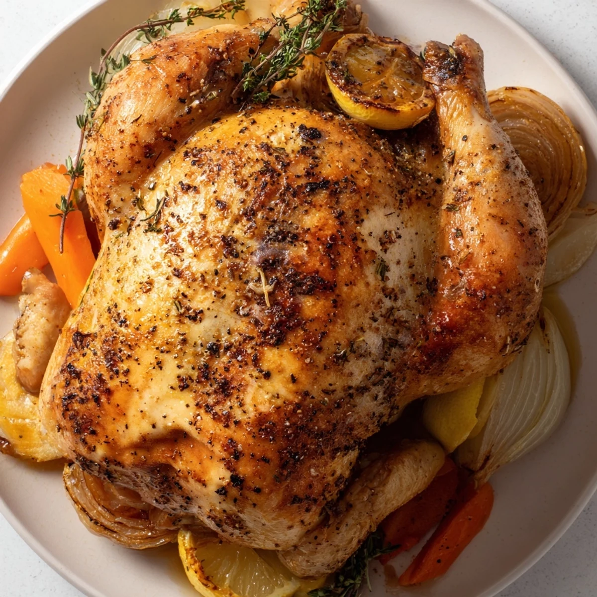 A whole Roasted Chicken with Lemon and Herbs is carved at a rustic family table, surrounded by fresh herbs and lemon wedges.