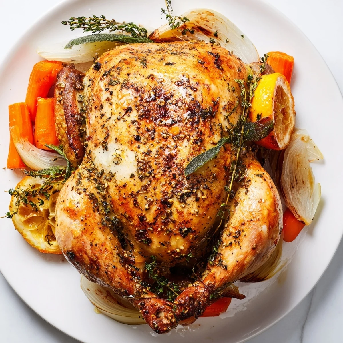Golden-brown Roasted Chicken with Lemon and Herbs rests on a platter, showcasing crispy skin and juicy meat beside roasted carrots.