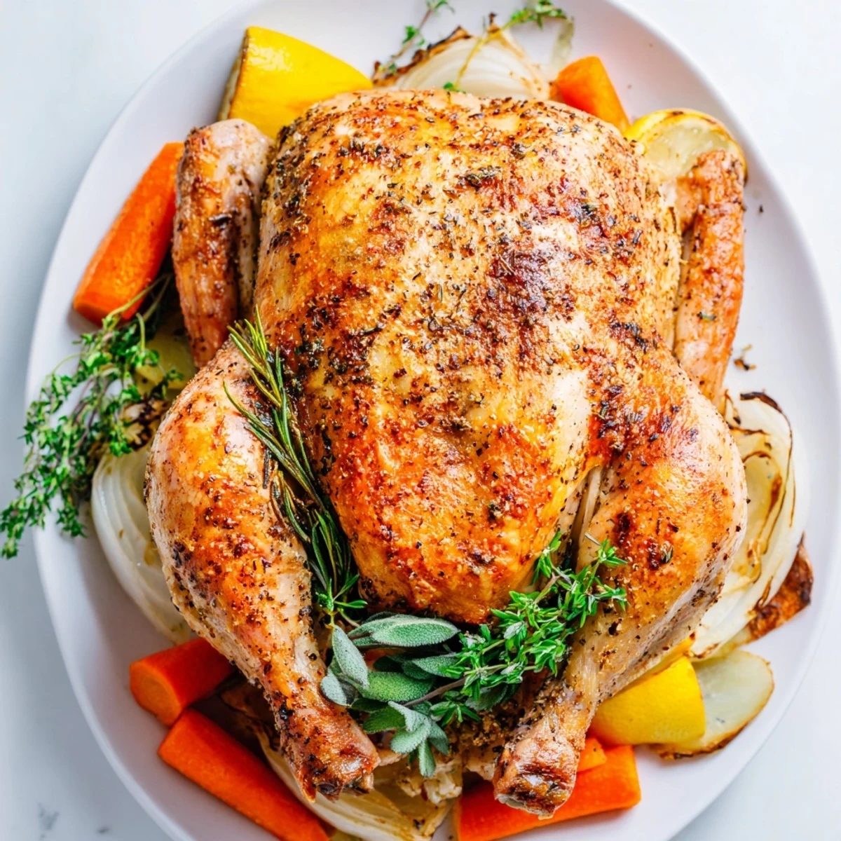 Close-up of Roasted Chicken with Lemon and Herbs highlights tender, steamed meat and fragrant herbs emerging from the golden, crackling skin.