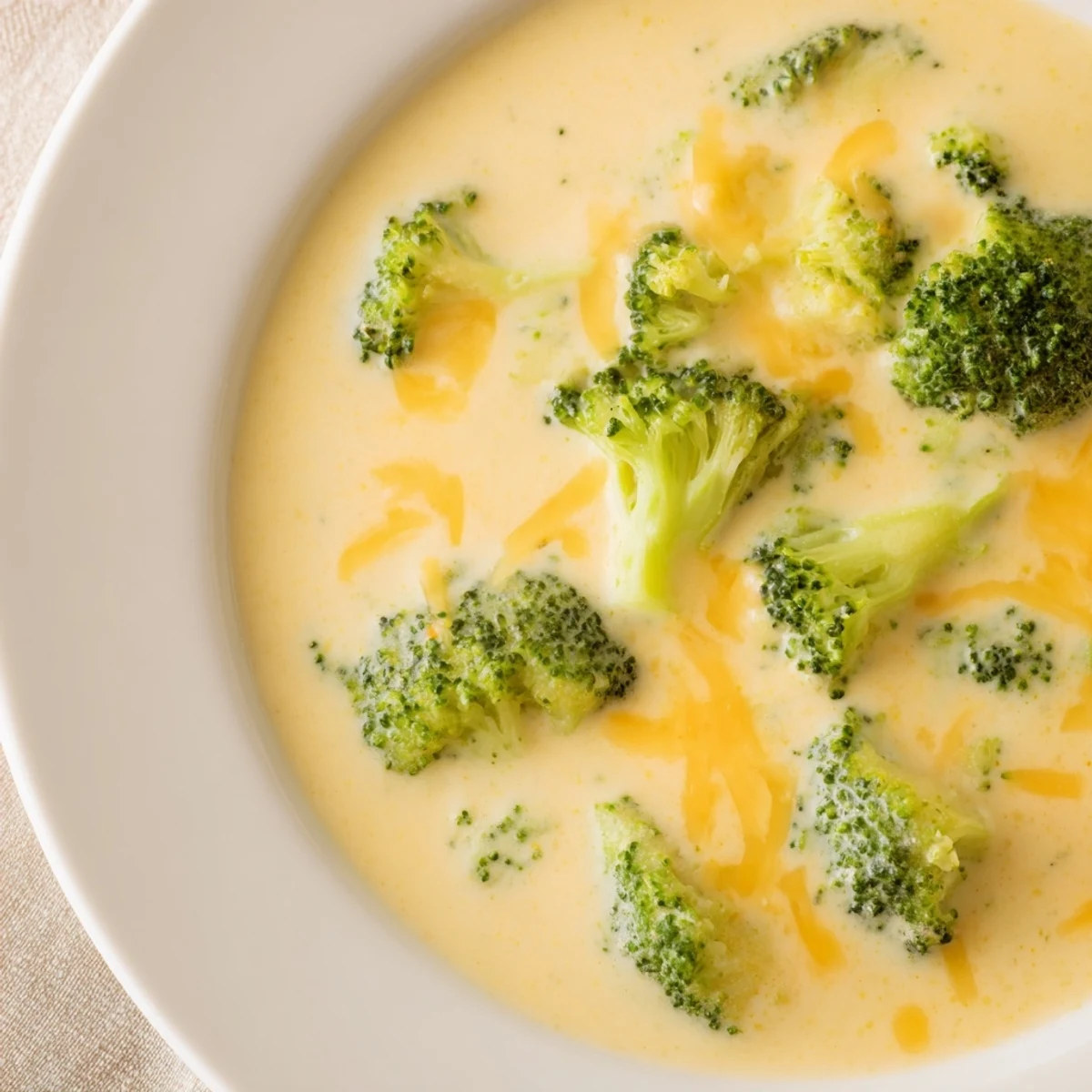 In a ceramic bowl, Creamy Broccoli Cheddar Soup shows melted cheddar garnish and fresh broccoli pieces for a hearty lunch.