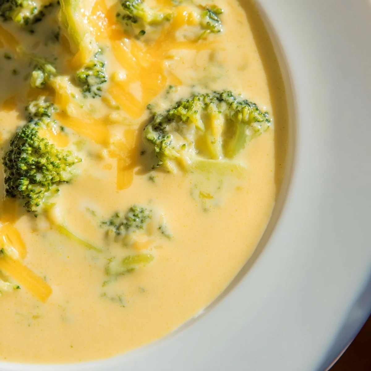 Steam rises from this Creamy Broccoli Cheddar Soup served in a rustic mug beside a slice of crusty bread.
