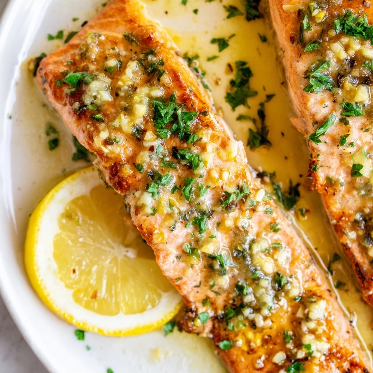 Golden Lemon Garlic Butter Salmon rests on a baking sheet, garnished with chopped parsley and bright lemon wedges.