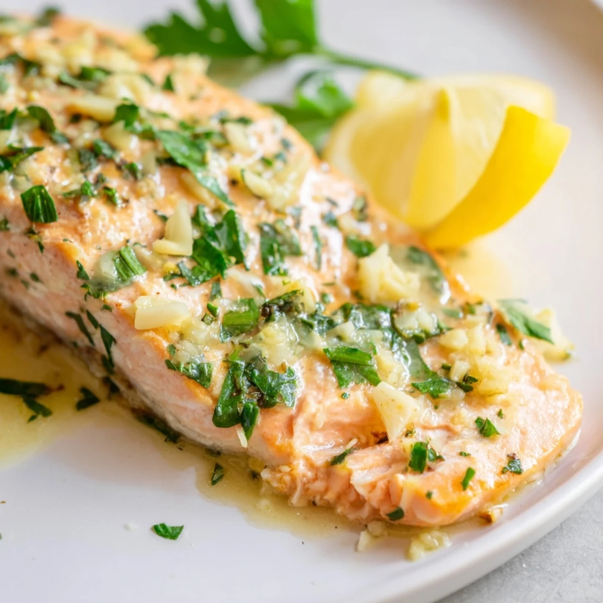 Flaky Lemon Garlic Butter Salmon fillets bake in a rich, bubbling butter sauce with fresh garlic and lemon zest.
