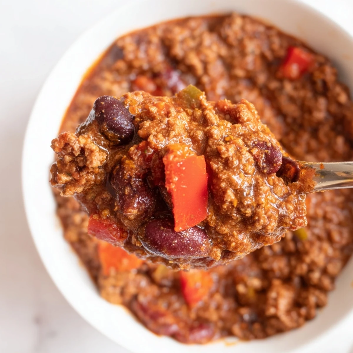 Steaming Beef and Bean Chili with Cornbread served in a rustic bowl next to a slice of golden buttery cornbread.