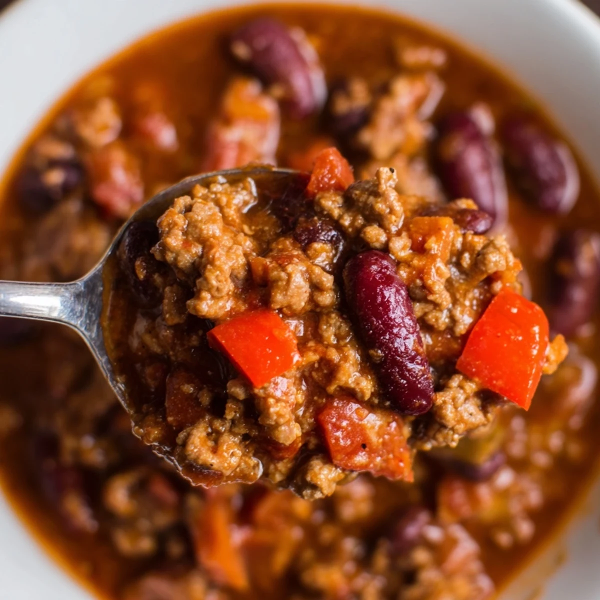 A hearty ladle of Beef and Bean Chili with Cornbread topped with cheese beside a piece of warm cornbread on a plate.